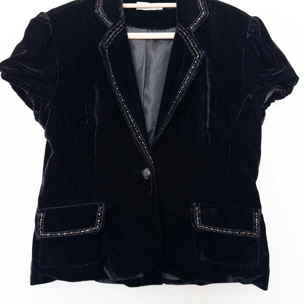 Y2K‎ Cotton Candy Womens Velvet Blazer M/L Black Beaded Embroidered Whimsigoth